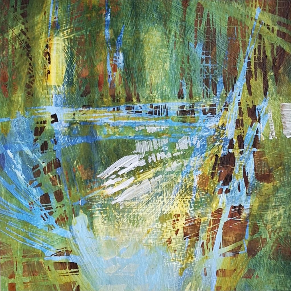 Textured abstract painting featuring a dense forest or woodland reflected in a body of water.