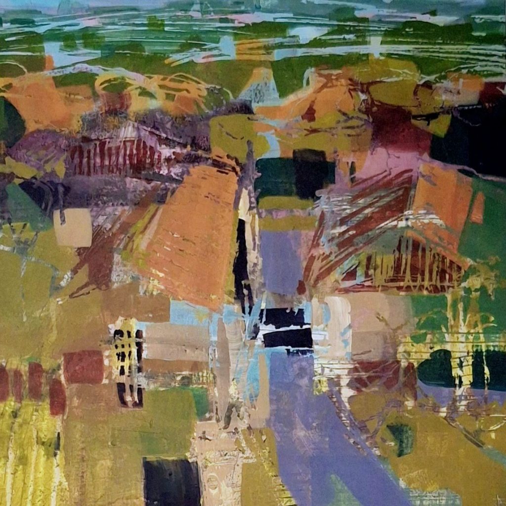 Abstract landscape painting, a semi-abstract view of a village or town with houses and fields, featuring dominant colors of orange, olive green, ochre, purple, and hints of turquoise.