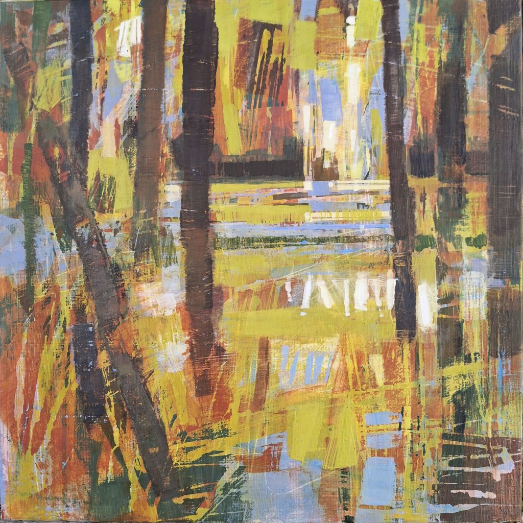 Tableau expressionniste abstrait représentant une scène de forêt ou de bois dense avec des troncs d'arbres verticaux marron et un sous-bois jaune vif, ponctué de touches de bleu et de rouge.