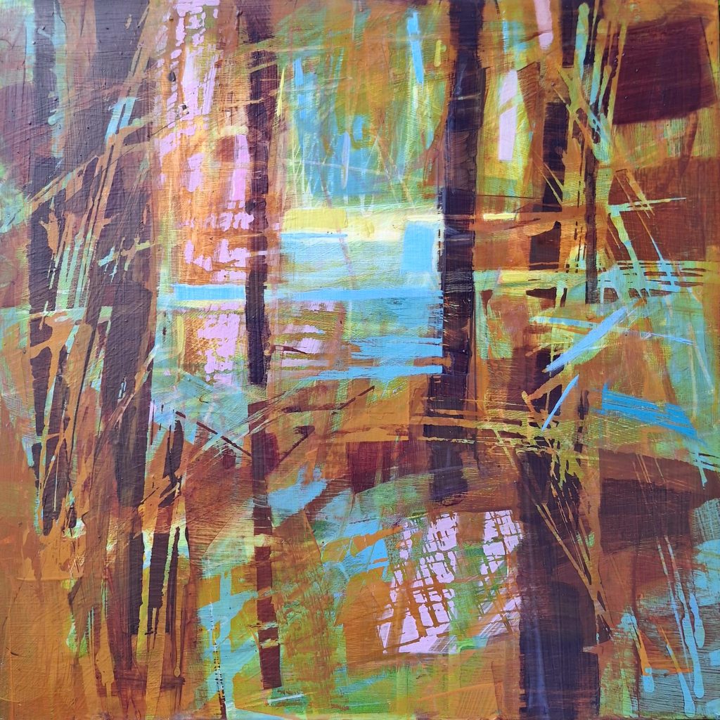 Peinture abstraite forêt ambiance automne. Couleurs terre cuite rose marron bleu clair. Style contemporain expressionniste.