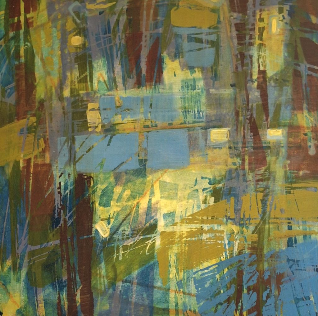 Tableau abstrait contemporain dominé par des coups de pinceau gestuels en jaune moutarde, bleu ciel et nuances terreuses, créant une texture superposée dynamique.