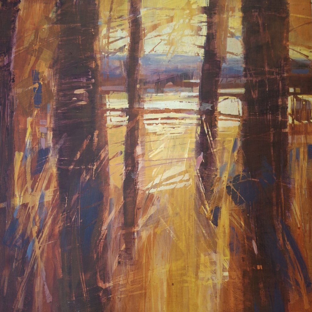 Abstract painting of a sunlit forest with dark tree trunks and bright yellow-orange light filtering through grass and undergrowth