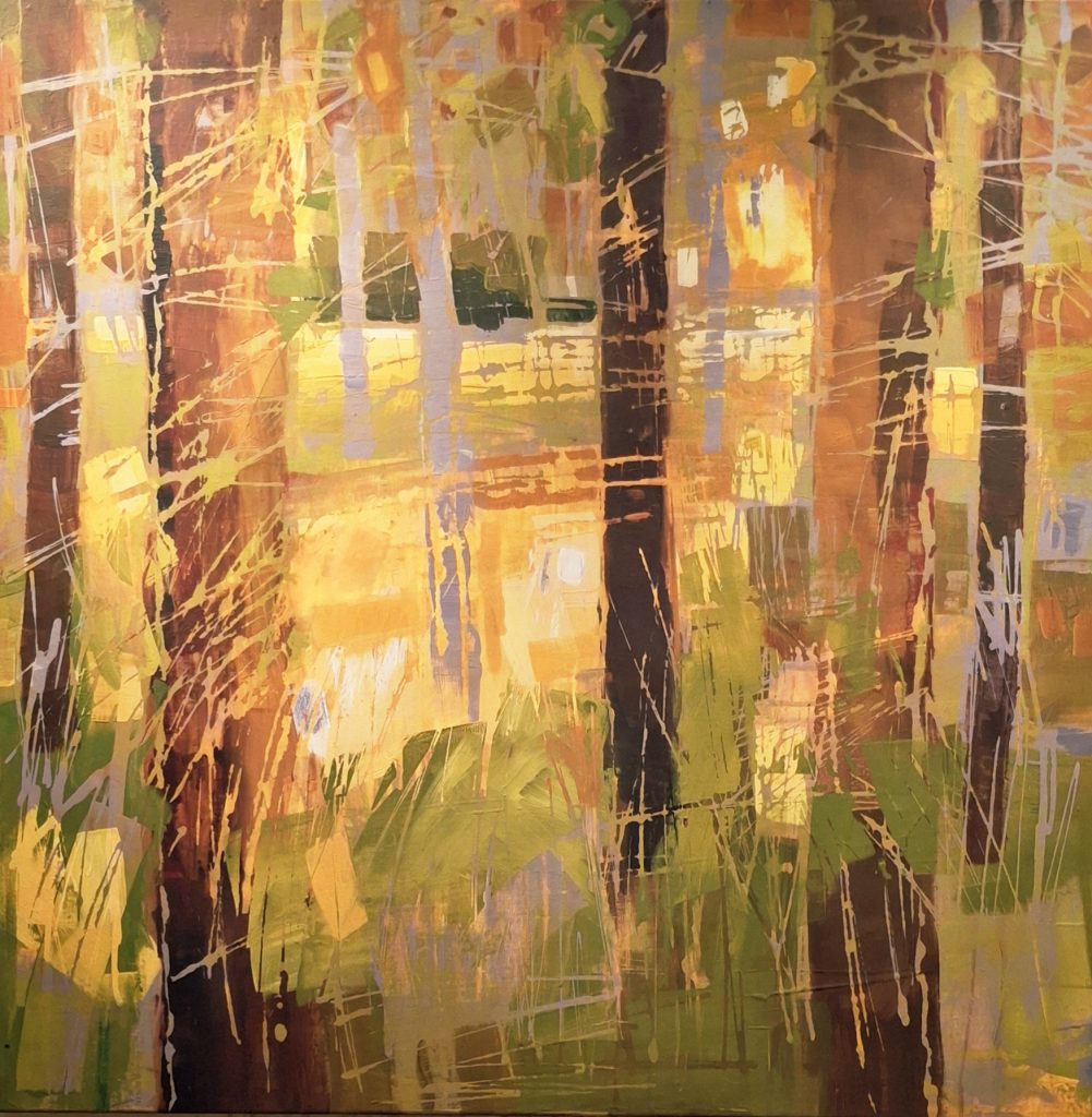 Abstract expressionist painting of a sunlit forest, featuring vertical dark tree trunks and rich, textured layers of gold, orange, and olive green.