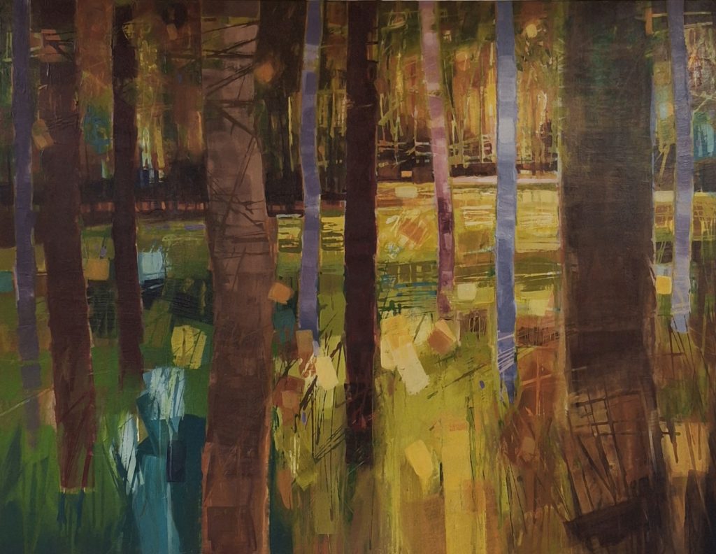 Semi-abstract acrylic painting of a sunlit forest with tall trees, rich green and yellow colors, and impressionistic brushwork.