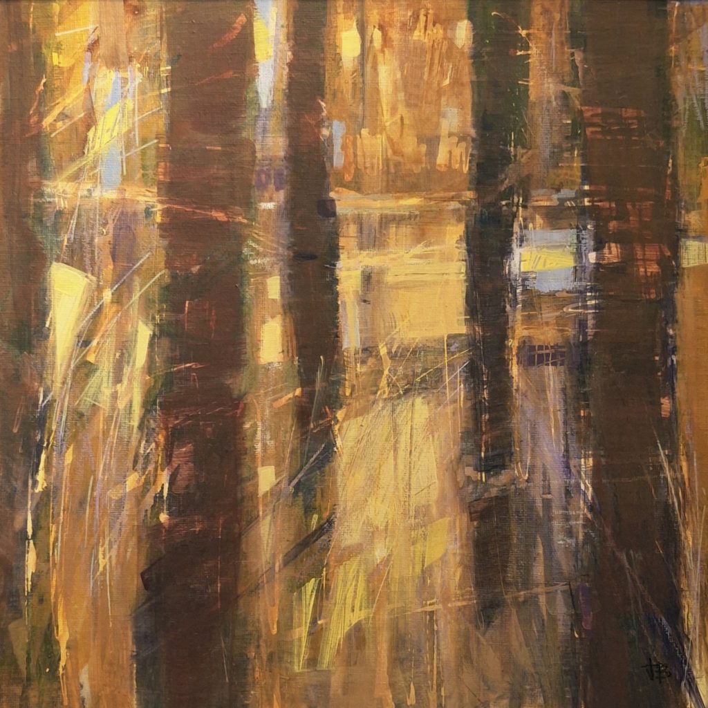 Peinture abstraite d'une forêt en automne, troncs d'arbres verticaux brun foncé et lumière dorée jaune éclatante, style contemporain.