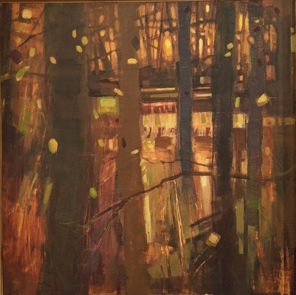 Acrylic painting of a dense forest or grove of trees with rich, dark brown and reddish trunks, illuminated by a bright golden-yellow light shining through the distant background. A few yellow-green leaves float in the foreground.