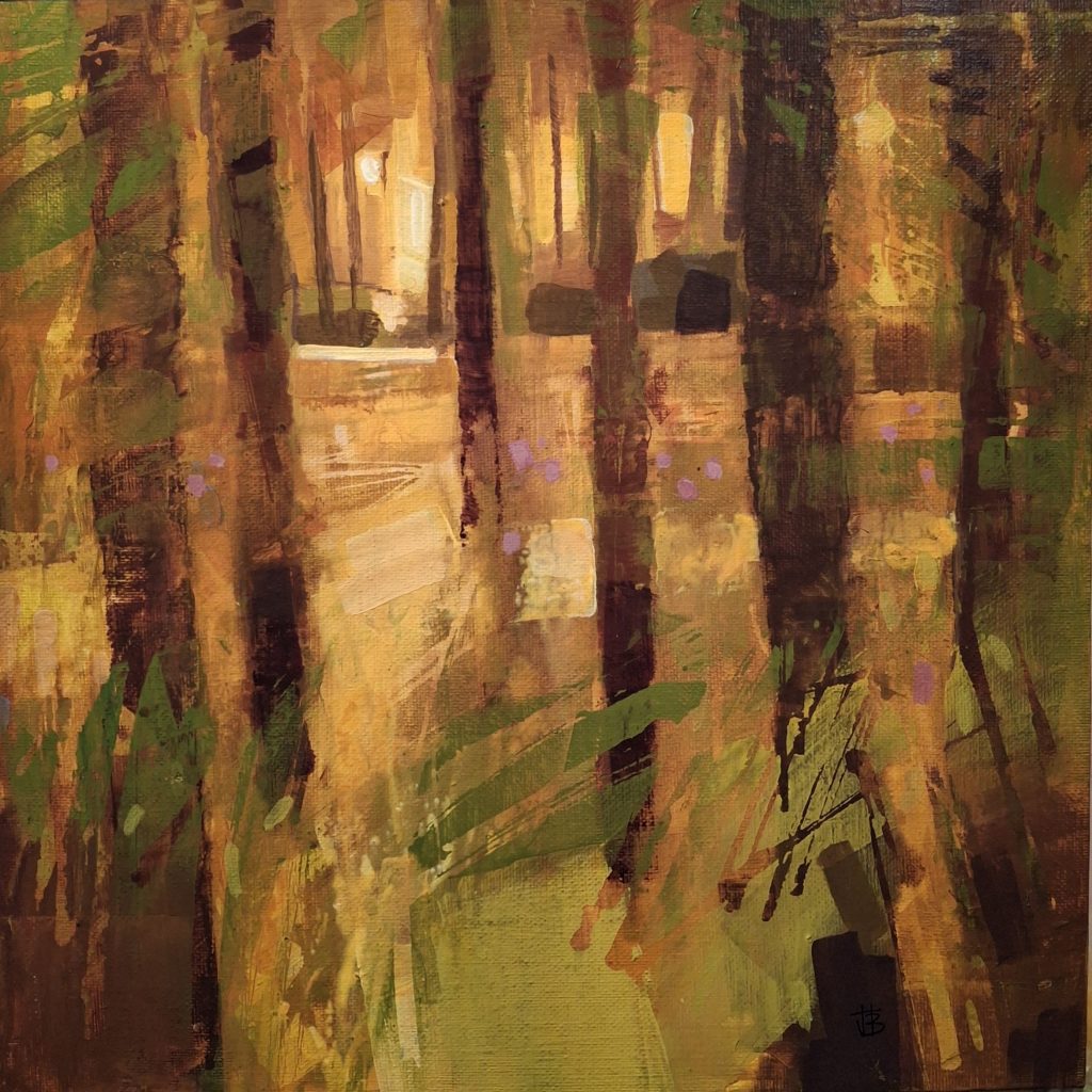 Impressionistic mixed media painting of sunlit forest path, featuring vertical tree trunks, abstract brushstrokes, and warm autumn colours.