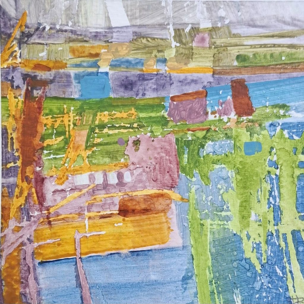 A 10x10cm abstract landscape painting featuring layers of textured acrylic paint in earthy ochre, vibrant lime green, and muted blues. The composition uses horizontal brushstrokes and visible palette knife marks to suggest a rustic outdoor scene.