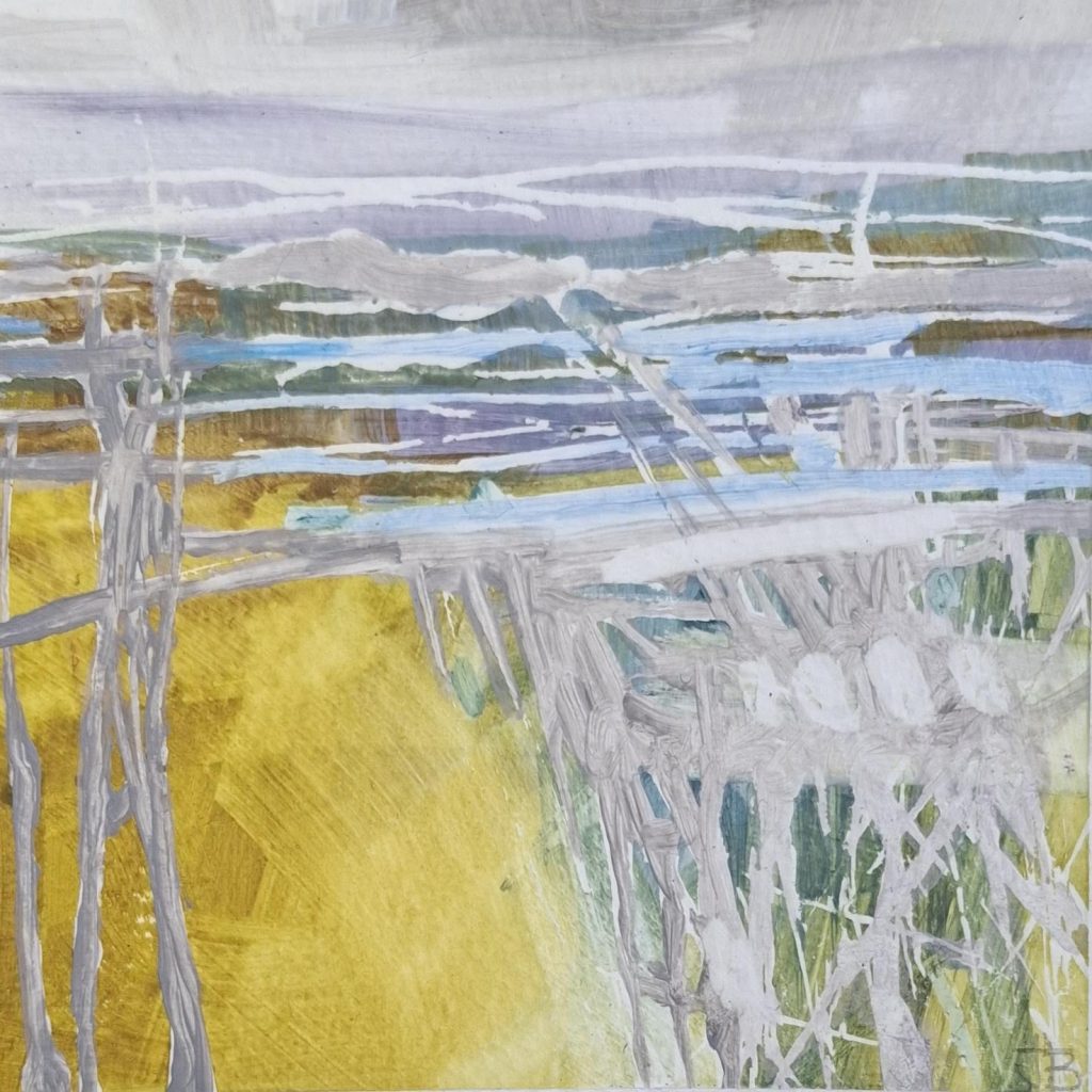 Abstract landscape painting titled "Distant Hills" featuring a palette of ochre yellow, muted blue, and sage green.