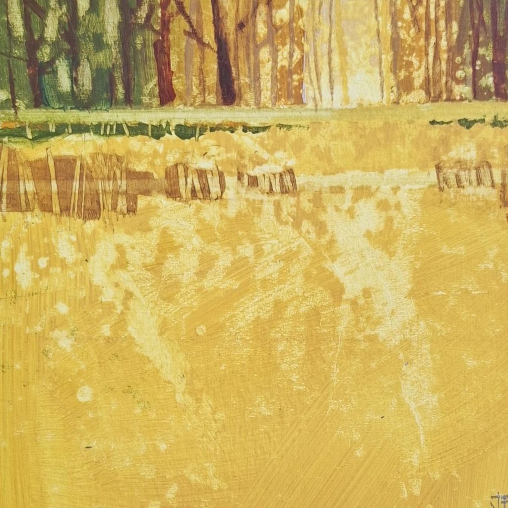 Mini peinture paysage d'été, herbes folles et forêt.