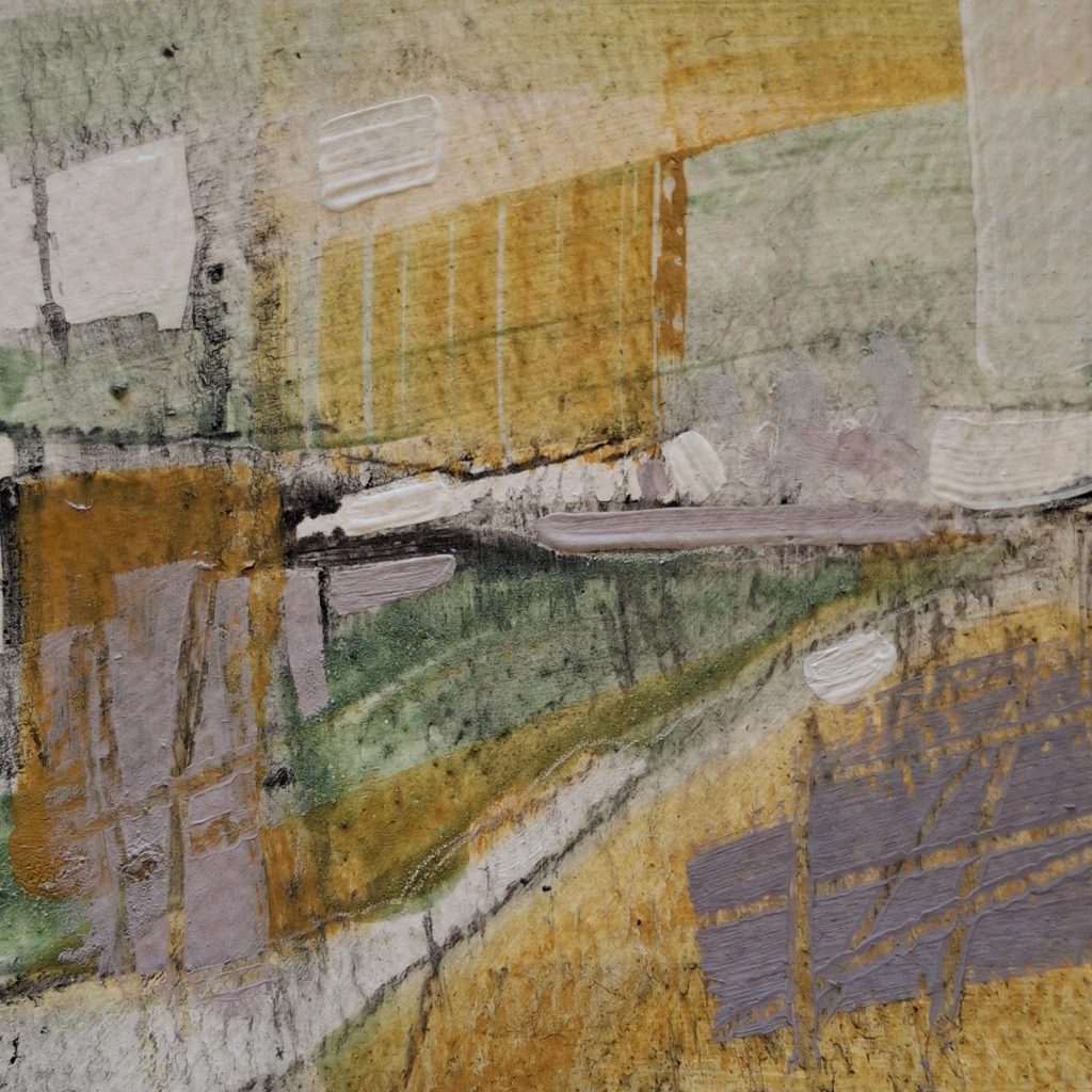 Small 10x10cm abstract landscape painting in yellow, green, and grey with heavy impasto texture and geometric marks.