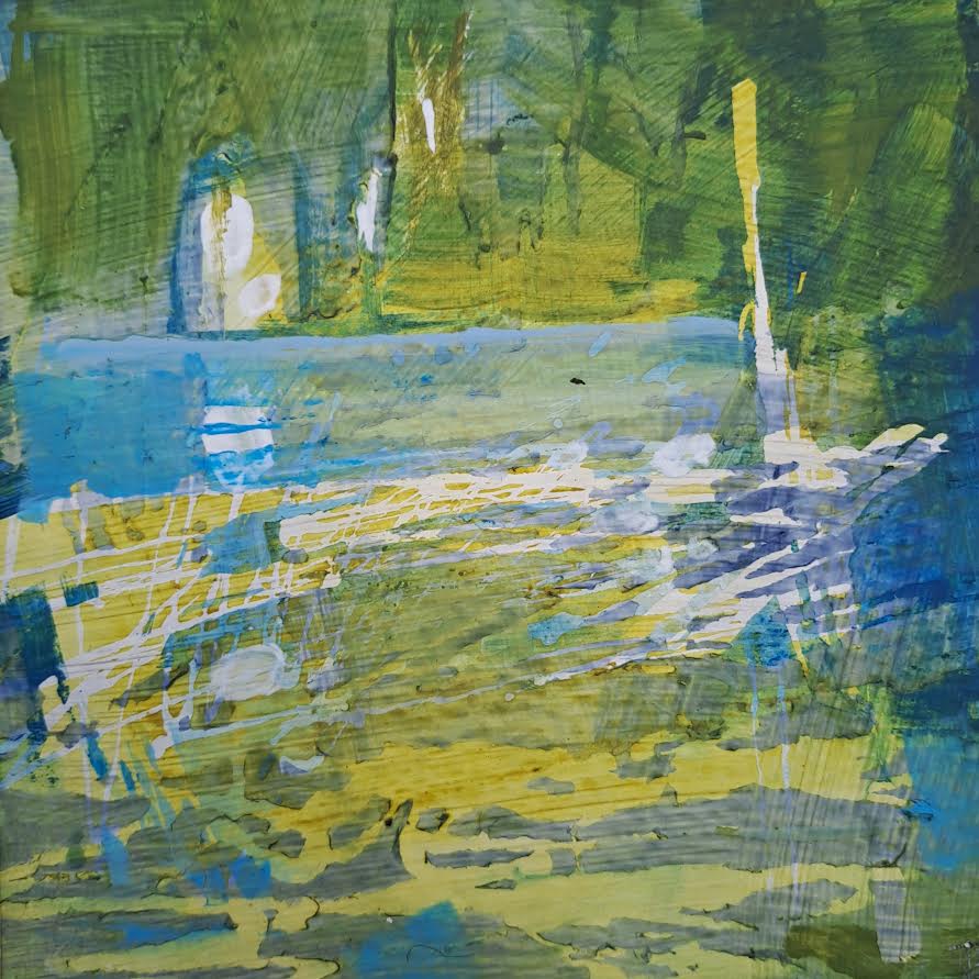 Small square abstract painting, Blue Reflections, 10x10cm green and blue wall art.