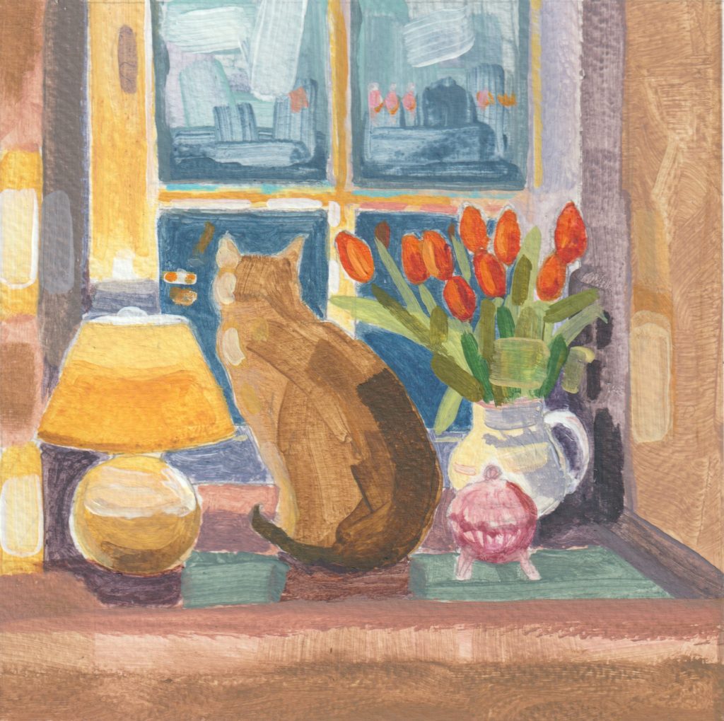 PF 26 2 Red tulips and sitting cat